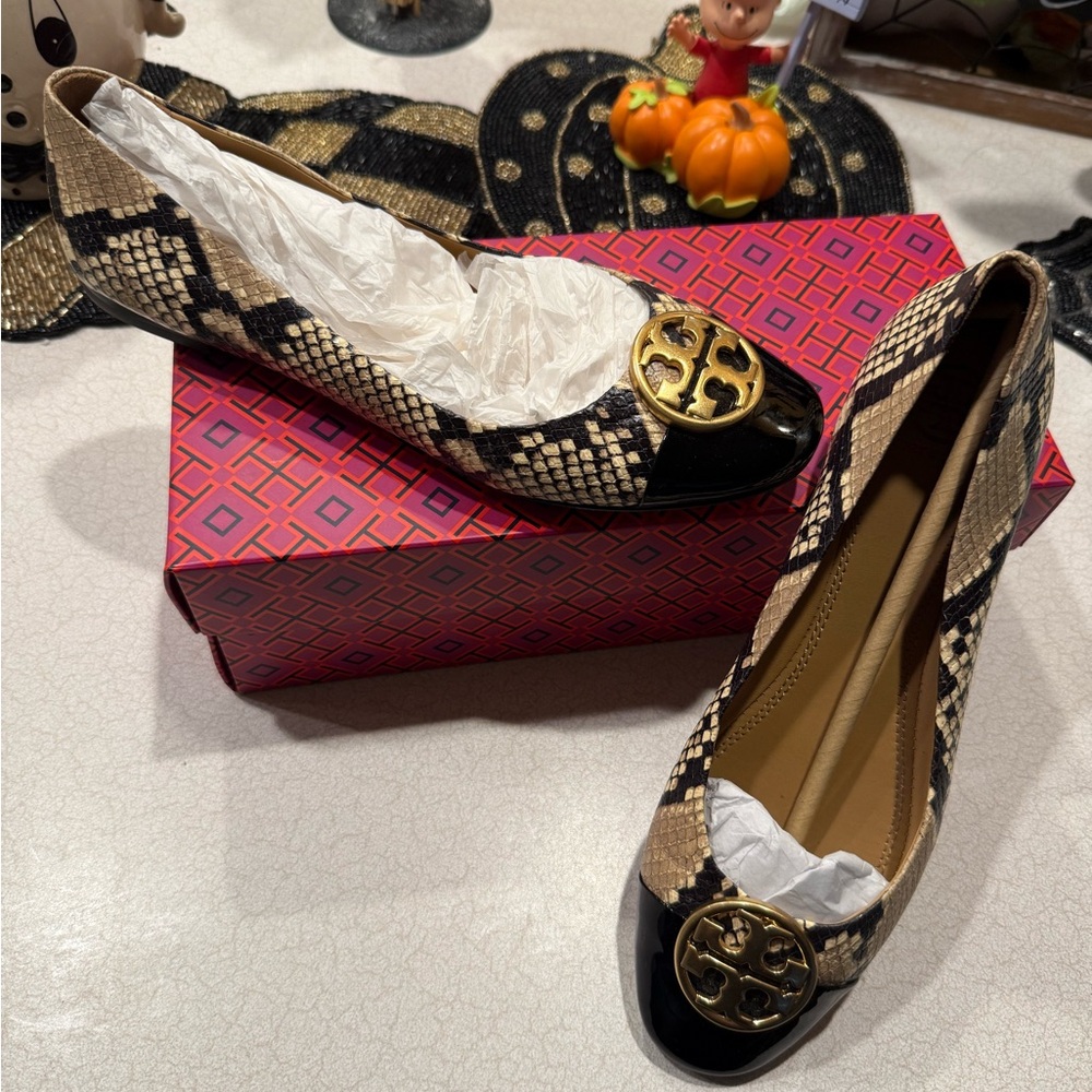 Tory Burch Beige and Black Snakeskin flats with black capped toe